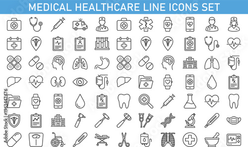 medical healthcare line icons set, hospital doctor medicine symbols collection, healthcare treatment diagnostic tools outline icons, modern medical healthcare vector icon pack
