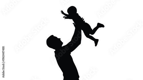 Silhouetted father lifts his happy baby high in a playful moment, capturing the bond of family and parental joy, symbolizing love and happiness