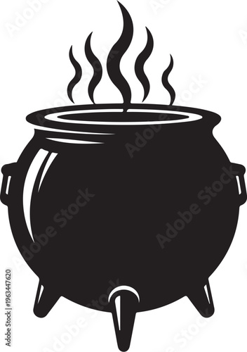 Black cauldron, witchcraft symbol, boiling pot, Halloween vector icon