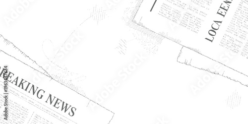 Breaking news headline on angled newspaper pages with text and abstract dot patterns