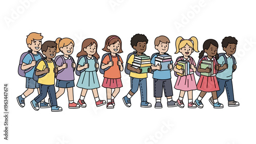 School Children's Journey: A vibrant illustration showcasing a diverse group of school children, cheerfully walking together.