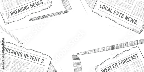 Torn newspaper fragments with headlines breaking news local events and weather forecast in grayscale