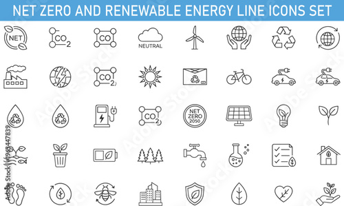 Net zero and renewable energy line icons set, carbon neutral concept, CO2 reduction, recycling process, sustainable development vector illustration collection
