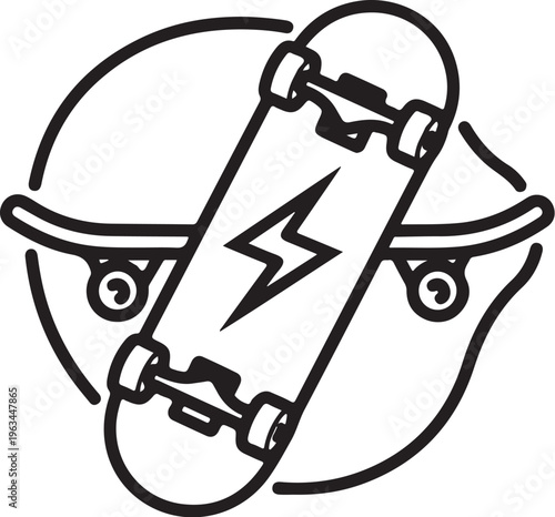 Skateboard, skateboard icon, black and white, vector graphic, sports equipment, extreme sports