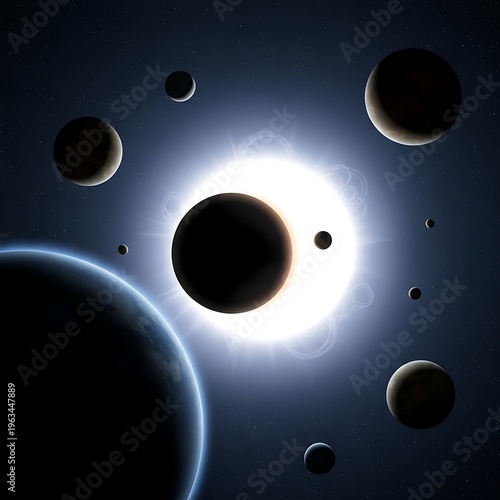 Solar system with planets and moons orbiting around the sun in space with a stunning cosmic background