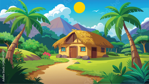 A serene tropical landscape featuring a small rustic hut nestled beneath bright palm trees.