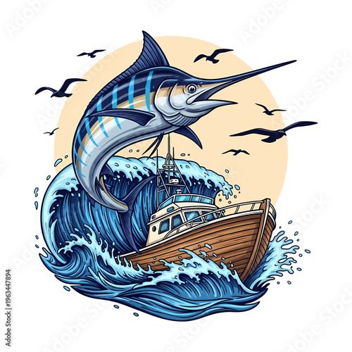 illustration of a leaping striped marlin over a fishing boat with sea waves and seagulls.