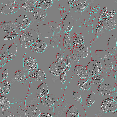 3d embossed floral roses flowers seamless pattern. Textured white gray emboss vector background with relief line art rose flowers, leaves, berries. Beautiful surface endless texture with 3d effect.
