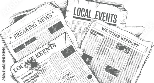 Stack of vintage newspapers with headlines breaking news local events and weather report