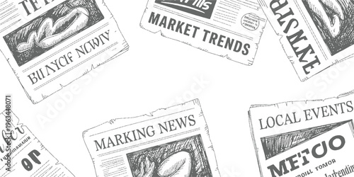 Hand drawn of various newspaper headlines and on a white background vintage retro text