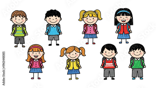 School Days Group: A lively collection of children, dressed in bright, colorful clothes, ready for a day of learning with backpacks. Capturing the spirit of education and youthful enthusiasm.