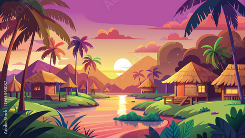 A serene tropical landscape featuring traditional thatched huts nestled by a calm river at sunset