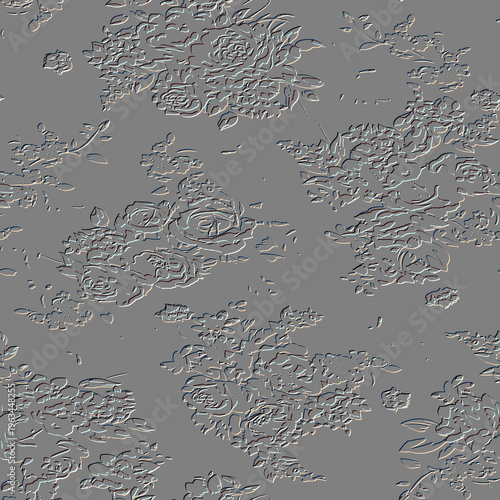 3d embossed floral roses flowers seamless pattern. Textured white gray emboss vector background with relief line art rose flowers, leaves, berries. Beautiful surface endless texture with 3d effect.