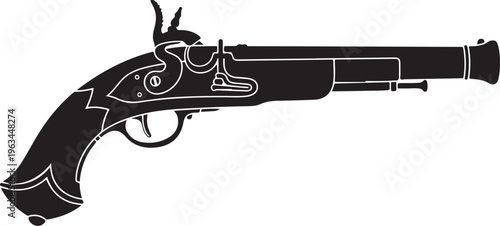 Vintage pistol, antique firearm, black and white illustration, historical weapon, handgun