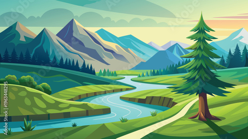 A serene mountain landscape featuring a winding river flowing through a lush green valley meadow
