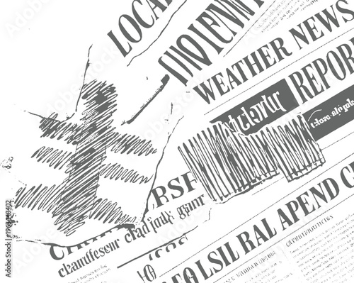 Overlapping newspaper headlines and sketched cross symbol in grayscale text print