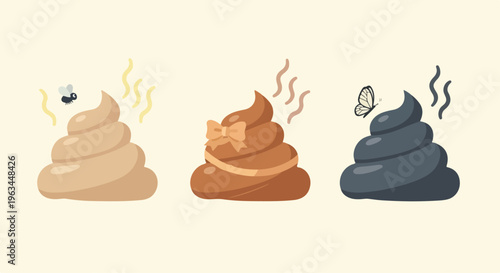 Three piles of different colored poop with flies and steam on a plain background in a flat lay composition.