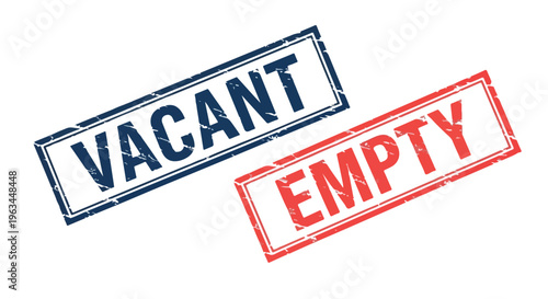 Two rectangular stamps, one blue with 'VACANT' and one red with 'EMPTY', on a white background.