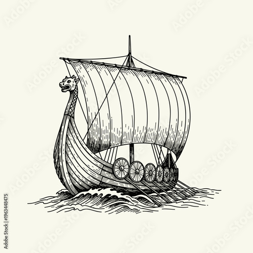 Hand drawn viking drakkar sailing on sea