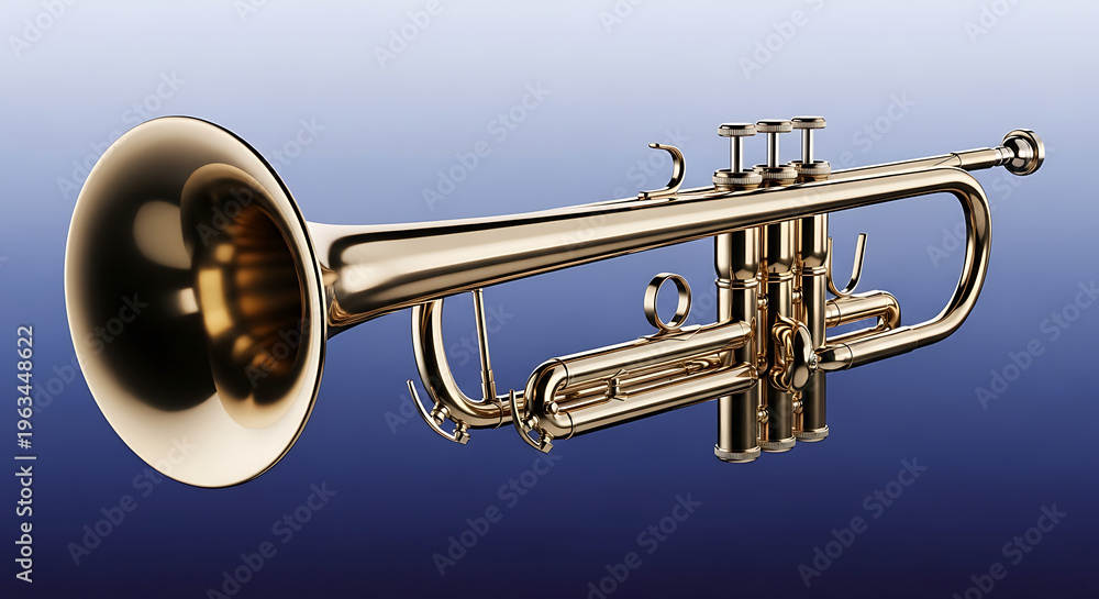 Obraz premium Shiny brass trumpet on gradient blue background closeup side view transparent background