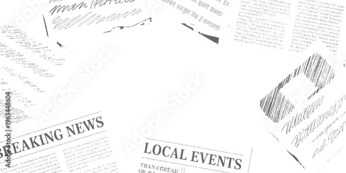 Newspaper headlines and handwritten text with scribbled lines and abstract shapes in grayscale