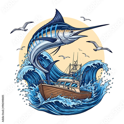 illustration of a leaping striped marlin over a fishing boat with sea waves and seagulls.