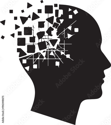 Black silhouette of a human head with shattered geometric shapes exploding from the brain, isolated on transparent background
