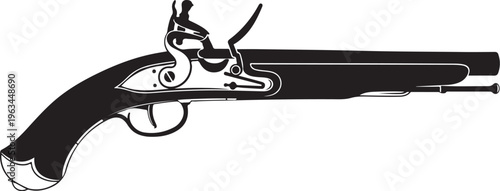 Vintage flintlock pistol, antique handgun, black and white illustration, historical firearm