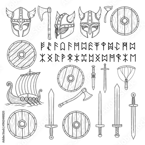 Set of viking symbols and weapons line art