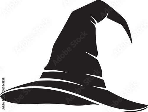 Witch hat silhouette vector icon, black pointed wizard hat for Halloween design, spooky sorcerer headwear illustration on white background