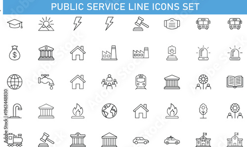 public service line icons set, government infrastructure symbols collection, civic facilities outline vector, transportation education law icons, municipal services signs, modern thin line civic icons