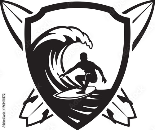 Vintage surfing emblem with surfer riding wave on shield background, black and white surf club logo vector, crossed surfboards crest for apparel