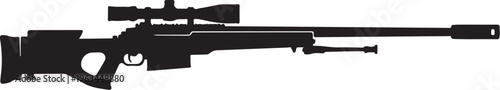 Sniper rifle silhouette with optical scope and bipod, modern long range precision rifle vector, tactical bolt action firearm icon for hunting and military