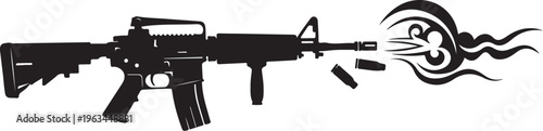 Tactical assault rifle silhouette with muzzle flash and bullet casings, black and white military carbine vector, firearm shooting action graphic