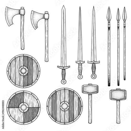 Collection of viking shields and weapons