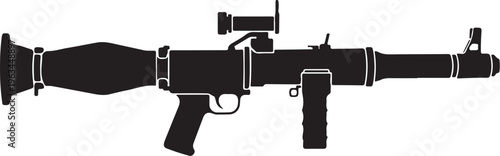 Rocket propelled grenade launcher silhouette, military anti-tank weapon vector icon, black RPG launcher profile for tactical gaming and defense design