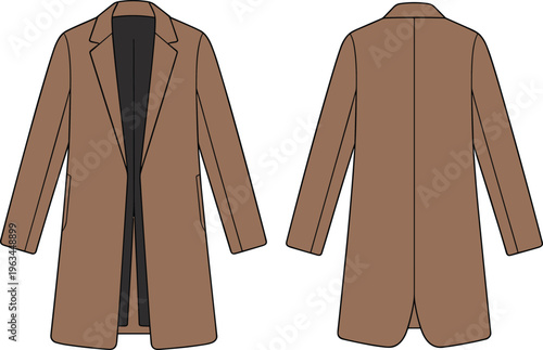 Front and back view of a brown camel wool overcoat technical fashion sketch vector illustration for apparel design mockup and clothing tech pack template featuring lapels.