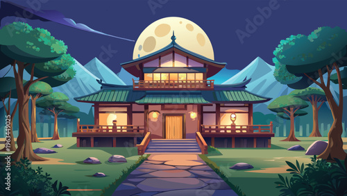 A serene pixel art landscape featuring a traditional japanese temple under a giant full moon