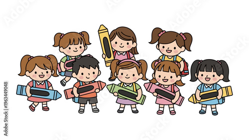 Creative Minds: A charming gathering of children, each holding a vibrant crayon, ready to unleash their artistic imaginations.