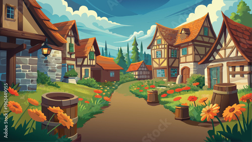 A peaceful journey through a quaint medieval village with timbered houses and vibrant flowers.