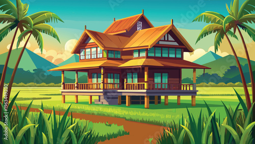 A traditional wooden house standing on stilts in the middle of a lush green tropical landscape