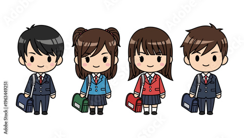 School Days Quartet: Adorable school children, each with their own unique style and charm, stand side by side, showcasing the innocence and beauty of childhood in an inviting illustration.