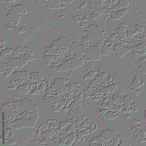 3d embossed floral roses flowers seamless pattern. Textured white gray emboss vector background with relief line art rose flowers, leaves, berries. Beautiful surface endless texture with 3d effect.
