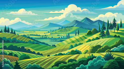 A vibrant landscape painting featuring rolling green hills and distant blue mountains under clouds