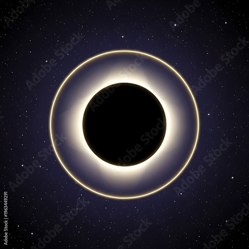 Solar eclipse with a black hole in the center surrounded by a bright ring of light in a starry night sky with a dark blue background
