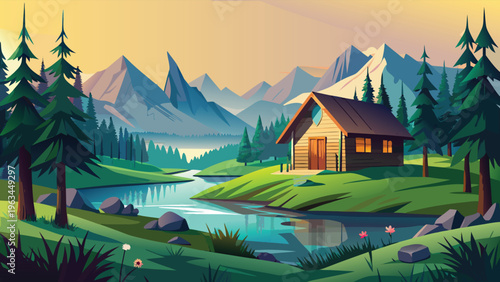 A peaceful wooden cabin nestled by a serene river surrounded by lush pine trees and high mountains