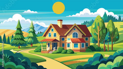 A charming and cozy suburban home nestled in a peaceful landscape under a bright sunny sky.
