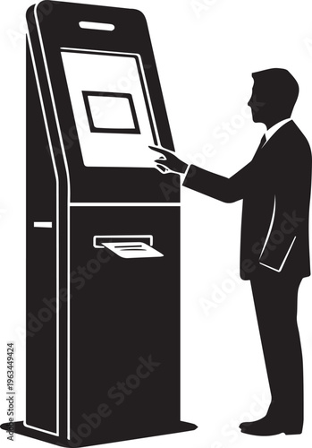 Silhouette of a businessman interacting with a self-service kiosk isolated on transparent background