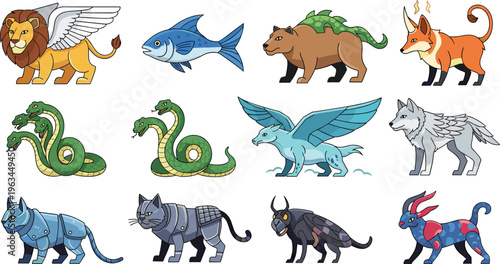 Fantasy Creature and Animal Vector Set with Lion Fish Bear Fox Hydra Griffin Wolf Mechanical Cat Bull and Dragon Cat Characters for Mythical Illustration