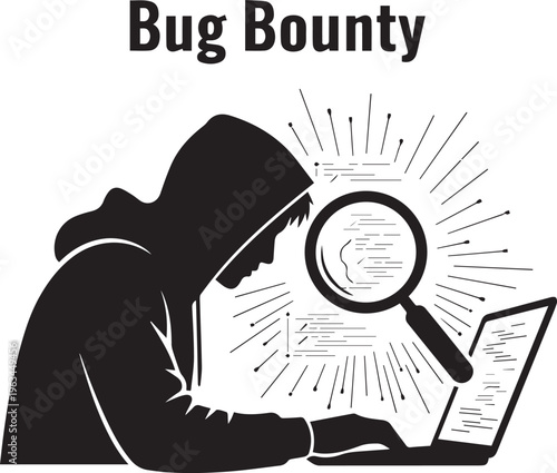 Silhouette of a hooded person searching on a laptop with a magnifying glass, surrounded by lines, on a white background